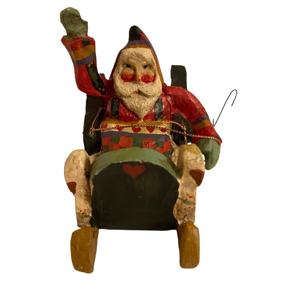 1989 House Of Hatten Hand-Painted Santa Claus Sleigh Ornament Christmas Folk Art